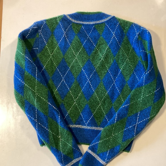 NWT Zara Metallic Thread Argyle Knit Sweater Size Small Blue/Green - Picture 5 of 6